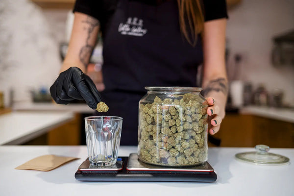 CBD Bud/flower being taken from a jar of cbd flowers and placed in to glass.