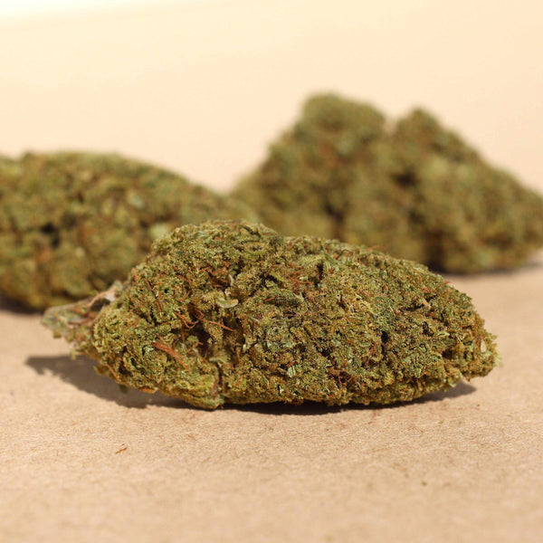 Close-up of green Genesis CBG buds on a beige background