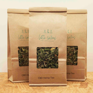 Three bags of Little Collins Hemp CBD Tea – organic, loose-leaf, caffeine-free CBD tea blend.