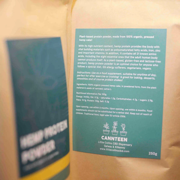 Back of Little Collins Hemp Protein Powder bag showing ingredients list, nutritional information, and usage instructions.