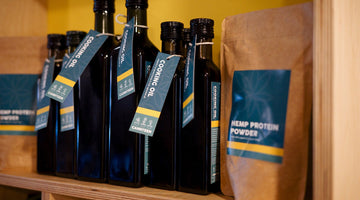 Hemp protein powder and CBD cooking oil displayed as UK-legal CBD edible ingredients