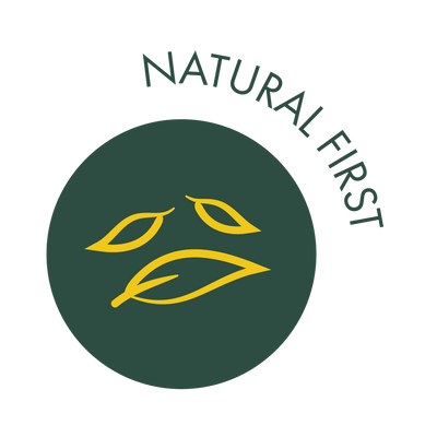 An Icon depicting three leaves with the text "Natural First" above it