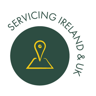 a location pin icon with the text "servicing Ireland & UK" above it