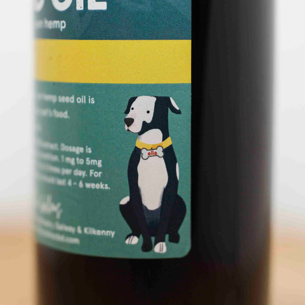 Bottle label for CBD oil for pets, dogs and cats, with a dog illustration and text on a green background